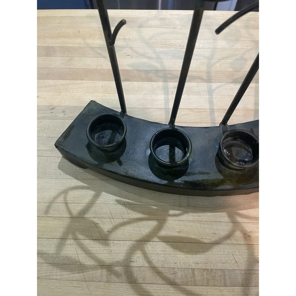 Bronze & Green Twig & Leaf Metal Tea Light 5 Candle Holder Rustic Decor Mantle